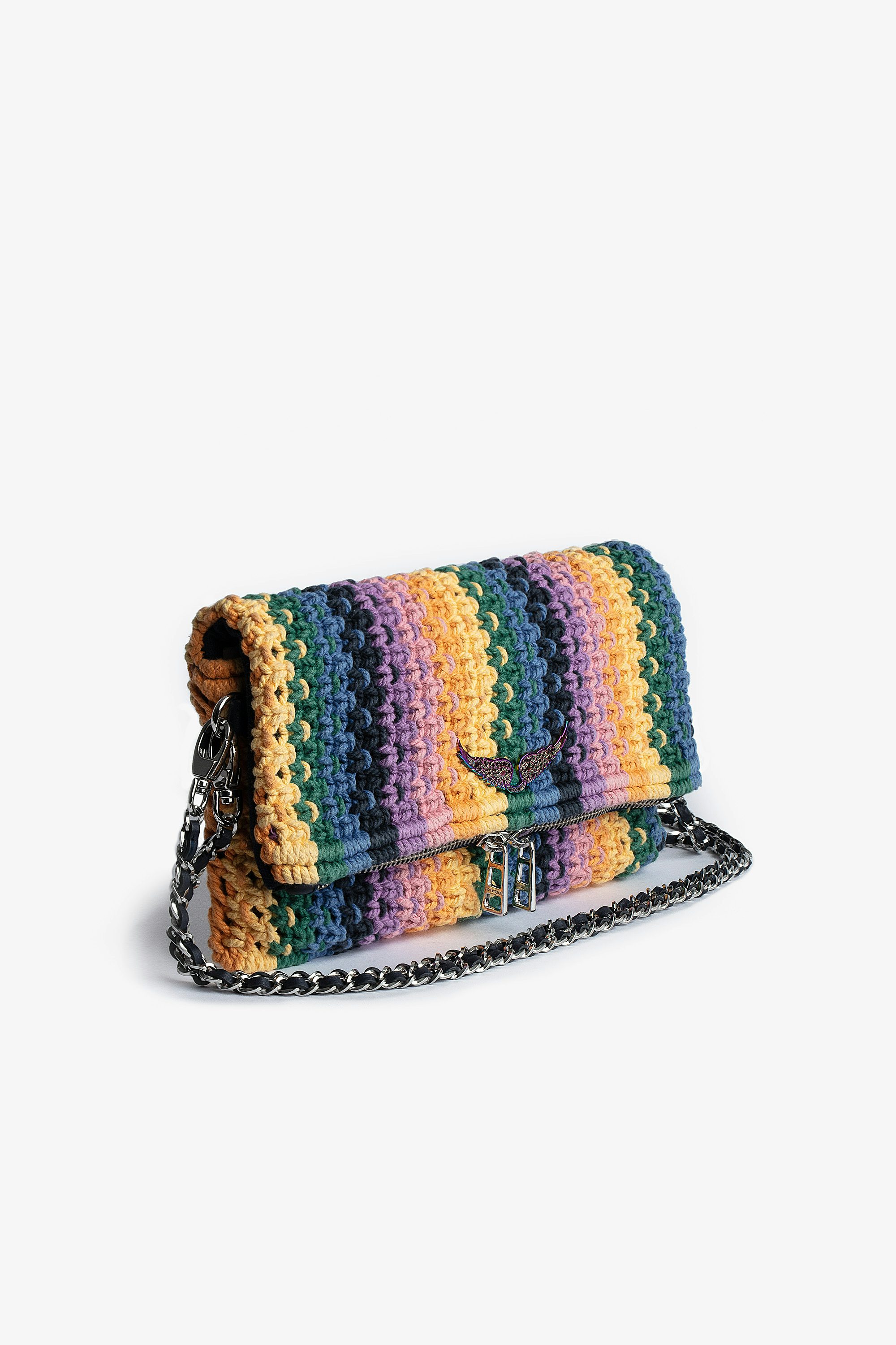 Rock Macramé Clutch - Women’s multicolour cotton macramé clutch with double leather-and-metal chain featuring crystal-studded wings
